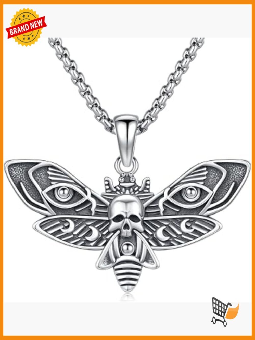 Sterling Silver Gothic Skull Moth Pendant Necklace for Women and Men